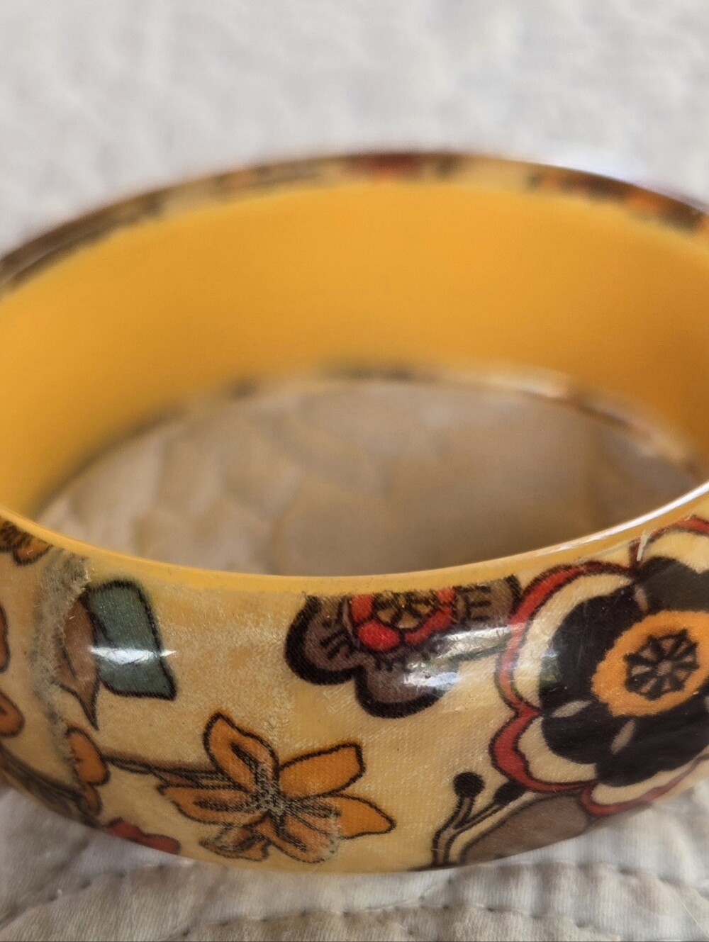 Vintage Yellow Poppy Seventies Autumn Floral Resin Bangle - Plus Leathet Brooch